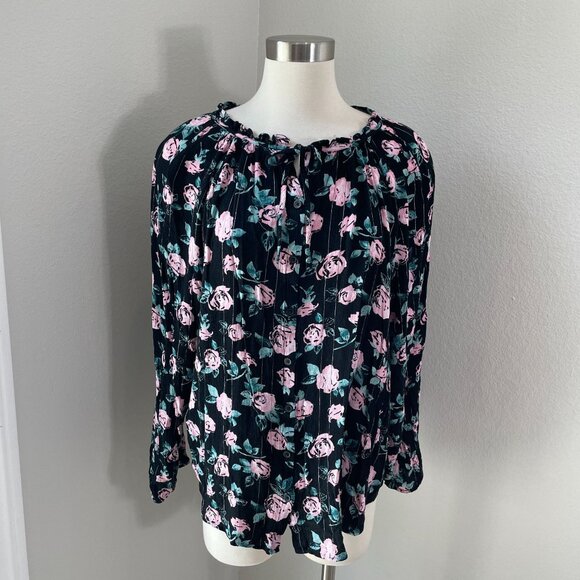 Torrid Womens Plus 3X Black Floral Long Sleeve Blouse Shirt Top Front Tie Neck - Picture 1 of 9